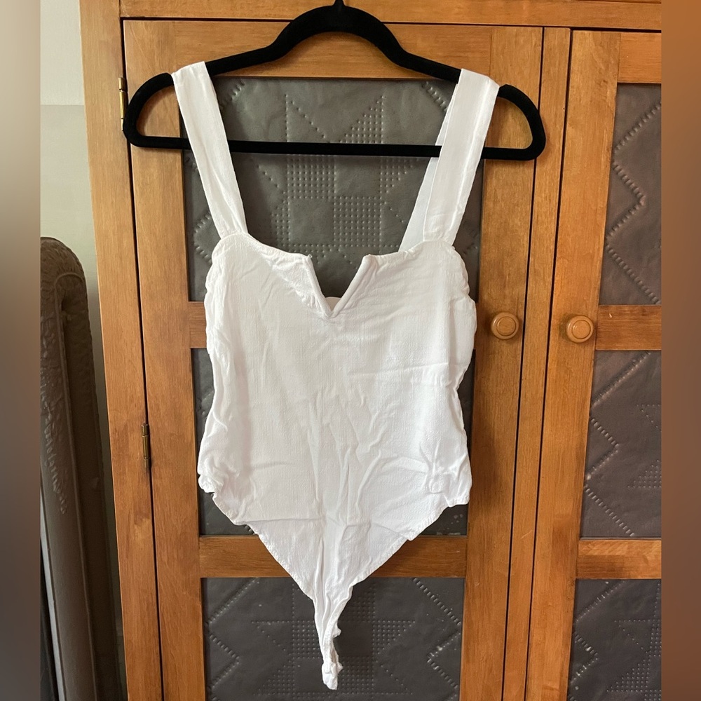 Free People Stretchy Linen Thong Bodysuit with Built In Bra - White, L
